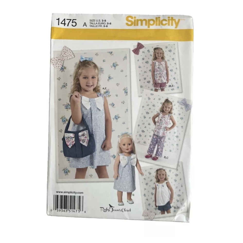 Simplicity 1475 Girls Dress Top Pants Shorts Purse Doll Pattern Size 3-8 UNCUT